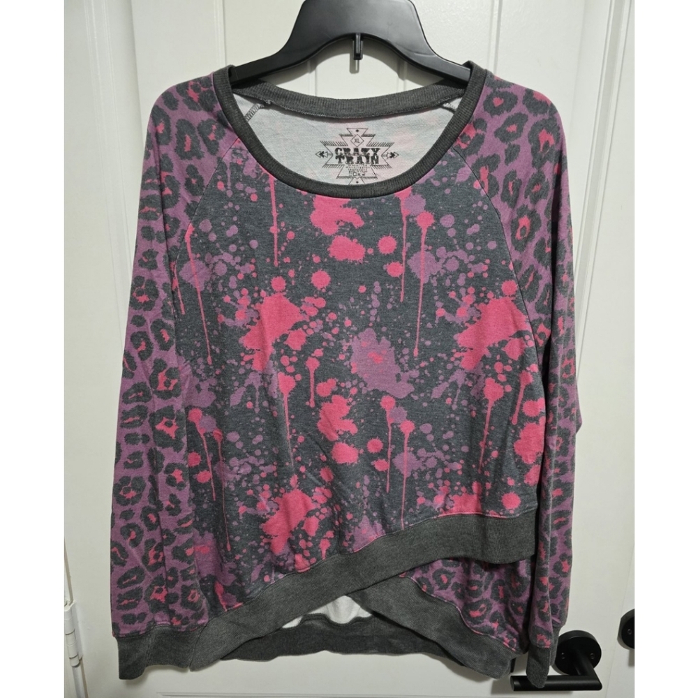 Crazy Train Sweatshirt Top Leopard Paint Splatter Womens XL